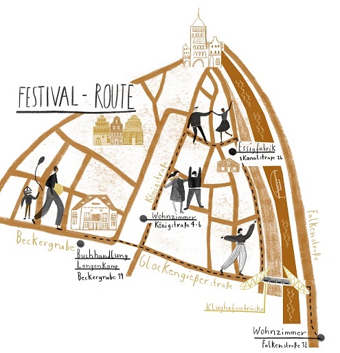 Zu sehen ist die Route des 3 Insel Festivals durch die Lübecker Altstadt